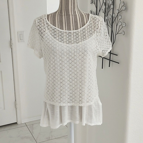 2 Piece Lucky Brand Lace Short Sleeve Top & Matching Cami Set Cream M - Picture 1 of 10